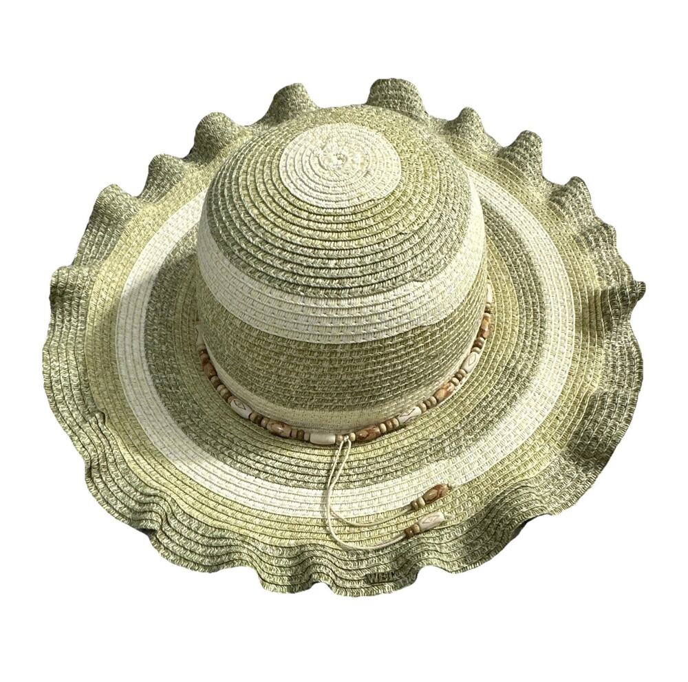 Authentic‎ Coastal Women's Wide Brim Sun Hat Natural Fibre Striped Beaded